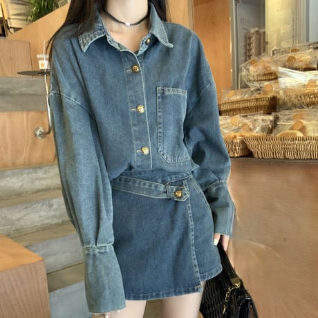 セットアップ 上下セット デニムシャツ デニムスカパン アシンメトリー アシメ ショートパンツ ハイウエスト 長袖 ルーズ レトロ 大人可愛い ガーリー カジュアル DTC-742722493272
