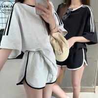 セットアップ サイドライン Tシャツ ショートパンツ 半袖 トップス ルーズ スポーツミックス レトロ 韓国ファッション レディース 大人可愛い ガーリー DTCA-953137451755