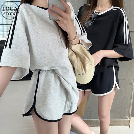 セットアップ サイドライン Tシャツ ショートパンツ 半袖 トップス ルーズ スポーツミックス レトロ 韓国ファッション レディース 大人可愛い ガーリー DTCA-953137451755