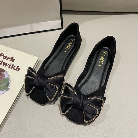 パンプス リボン 22.5～25.0cm フラットシューズ ローヒール 無地 ヒョウ柄 レオパード スクエアトゥ 歩きやすい 美脚 韓国ファッション レディース DTC-666813367025