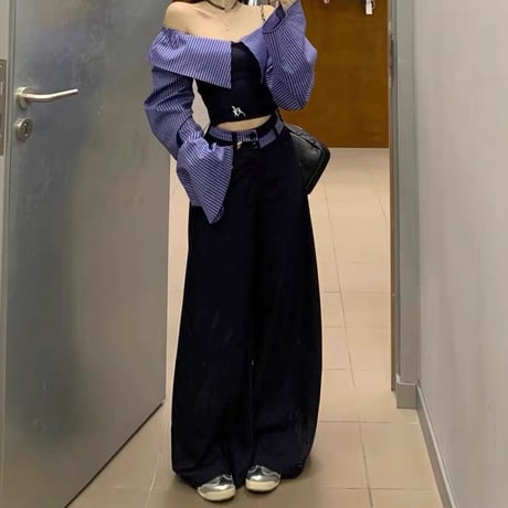 セットアップ 上下セット ストライプ柄 トップス ワイドパンツ 2way Vネック オフショルダー ブラウス ボトムス 長袖 レトロ 大人可愛い ガーリー DTCA-886455915338