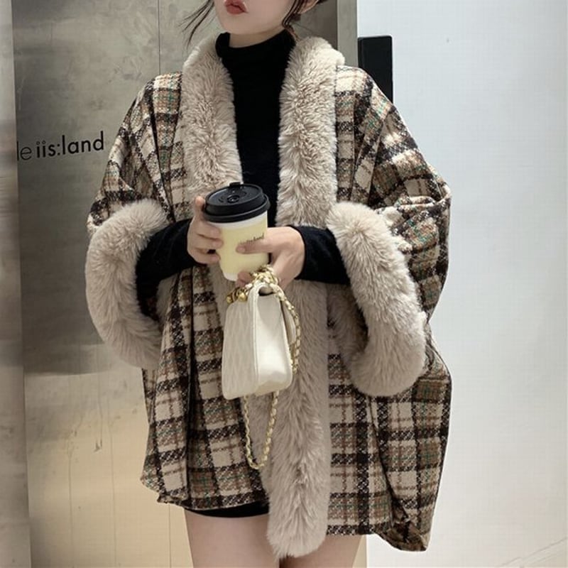 チェック柄 ファーケープコート ポンチョ ラビットファー もこもこ