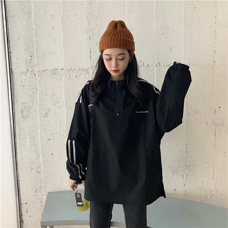 ハーフジップ プルオーバー トップス 韓国ファッション レディース 袖ライン ジャージ スポーツ カジュアル ストリート DTCA-624665017754