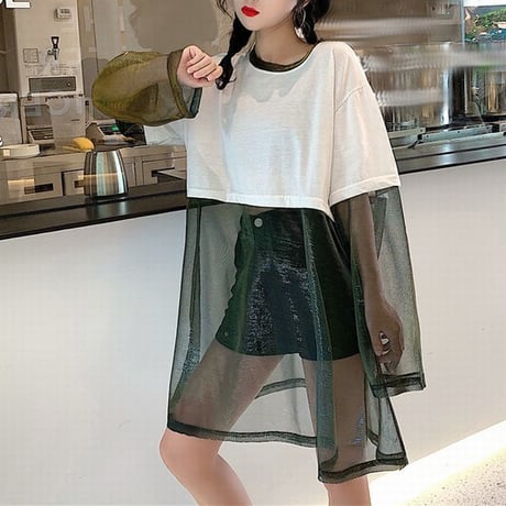 レディース Tシャツ ドッキング シースルー 無地 ラウンドネック トップス ガーリー フェミニン 韓国ファッション (DCT-598080019695)