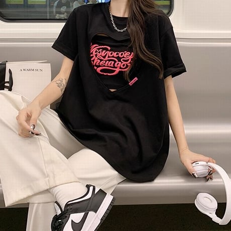 【2カラー】 セット商品 ハートカット Tシャツ 半袖 チューブトップ ゆったり ルーズ 韓国ファッション レディース 大人可愛い ガーリー カジュアル DTC-677839893584