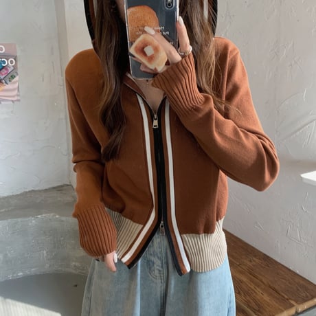 【4カラー】 フード付き ニットカーディガン ニットパーカー 配色ライン ジップアップ リブ編み 長袖 韓国ファッション レディース 大人可愛い ガーリー カジュアル DTC-656199441917