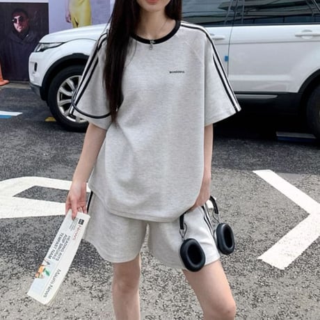 セットアップ 2点セット サイドライン tシャツ ショートパンツ ロゴ オーバーサイズ クルーネック 無地 ルームウェア ルーズ レトロ カジュアル DTCA-820351715781