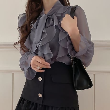 シアーブラウス フリル レース シースルー ベルスリーブ シフォン ルーズ 長袖 レトロ 韓国ファッション レディース 大人可愛い ガーリー DTC-640752876567