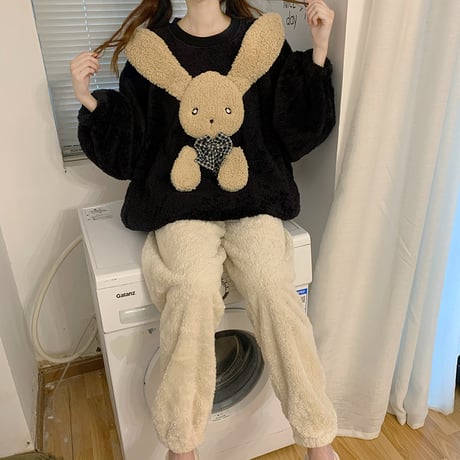ルームウェア パジャマ セットアップ フリース トップス + パンツ ラビット うさぎ 長袖 上下セット 長袖 韓国ファッション レディース もこもこ ガーリー 627109268664