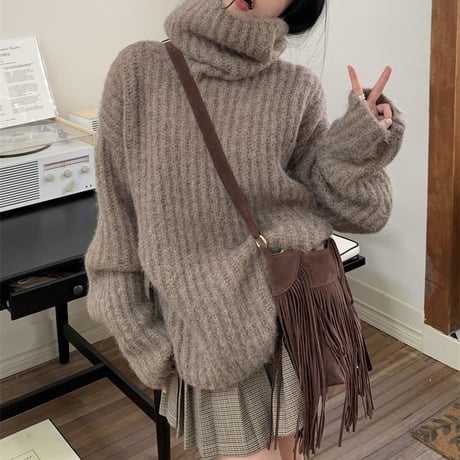 タートルネック リブニット ルーズ ハイネック ニット セーター ゆったり 長袖 レトロ 韓国ファッション レディース 大人可愛い ガーリー カジュアル DTC-691643863678