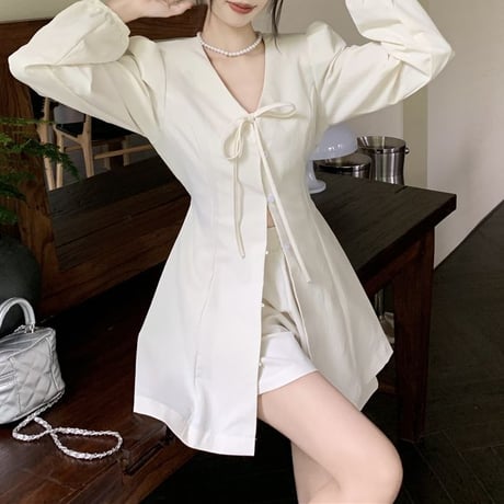 セットアップ 上下セット 変形ロングシャツ ショートパンツ リボンタイ 長袖 ハイウエスト レトロ 韓国ファッション レディース 大人可愛い ガーリー DTC-710081649670
