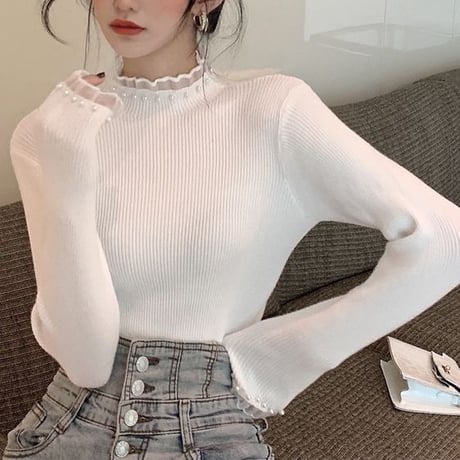 ニット パール レース フリル トップス リブニット スリムフィット ハーフハイネック タイト 長袖 レトロ 韓国ファッション レディース 大人可愛い ガーリー DTCA-774484225398