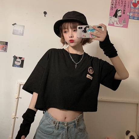 Tシャツ トップス ショート丈 五分袖 くまちゃん 韓国ファッション レディース ベアー ラウンドネック クルーネック 半袖 ガーリー カジュアル DTC-621732610073