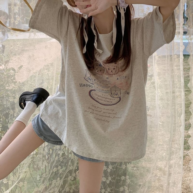 Tシャツ 半袖 クマちゃんプリント かわいい トップス クルー Tシャツ 半袖 クマちゃんプリント かわいい トップス クルー