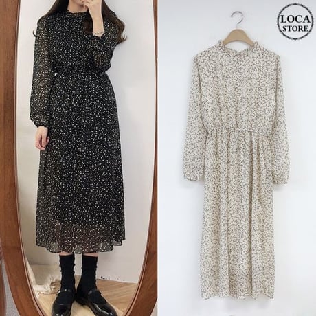 レディース Vネック 花柄 シフォン ロングワンピース レトロ 長袖 花柄 フェミニン 韓国ファッション オルチャン (DCT-585296164758)