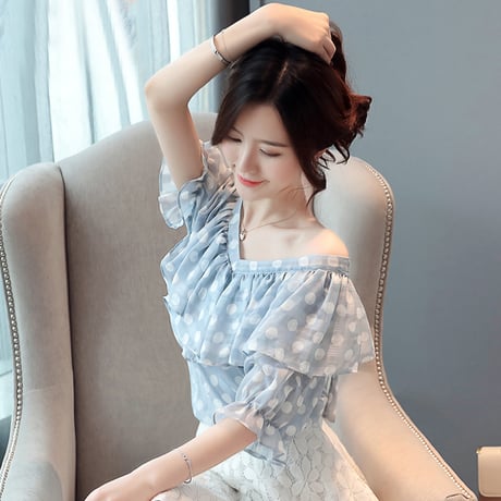 【2カラー】レディース 水玉 ドット柄 フリルブラウス シフォン シフォンブラウス フリル 大人可愛い ガーリー 韓国ファッション (DCT-591433182379)