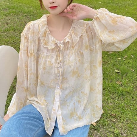 花柄ブラウス パフ袖 シフォン 透け感 長袖 韓国ファッション レディース 大人可愛い ガーリー フェミニン DTC-640922225325