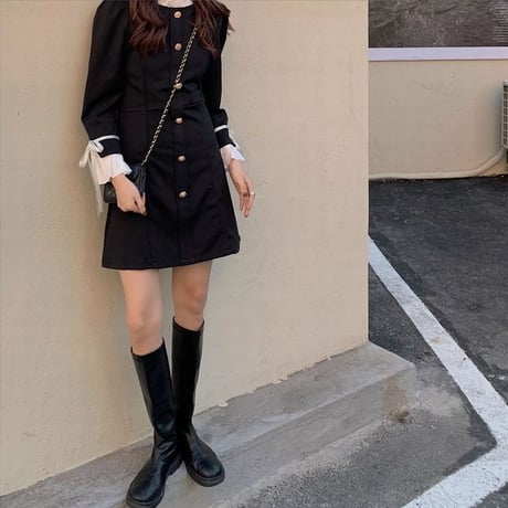 ワンピース フリル バイカラー ボタン ハイウエスト 長袖 韓国ファッション レディース 大人可愛い ガーリー フェミニン DTC-633361821578