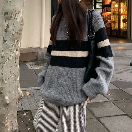 ボーダーニット リブニット ボーダー柄 ニットセーター トップス ルーズ レトロ 韓国ファッション レディース 大人可愛い ガーリー カジュアル DTC-690573774431