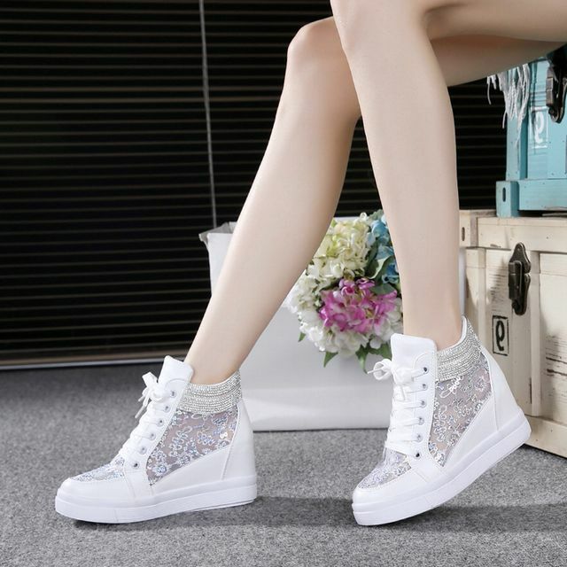 ラインストーン厚底スニーカー レディース ラインストーン メッシュ ハイカット スニーカー