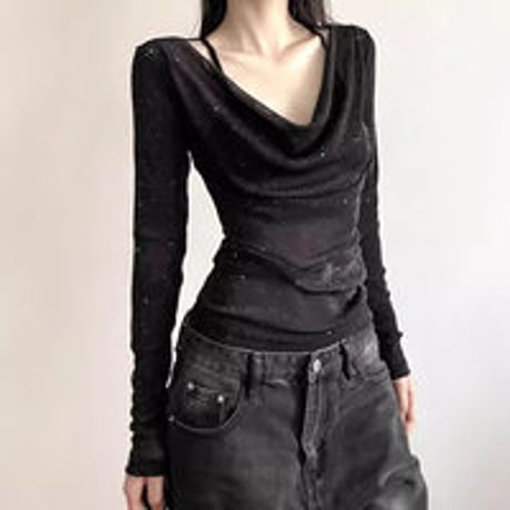シアートップス スパンコール トップス ロンT シアーtシャツ ドレープネック スリムフィット タイト プルオーバー tシャツ 長袖 レトロ 大人可愛い ガーリー DTCA-815071796982