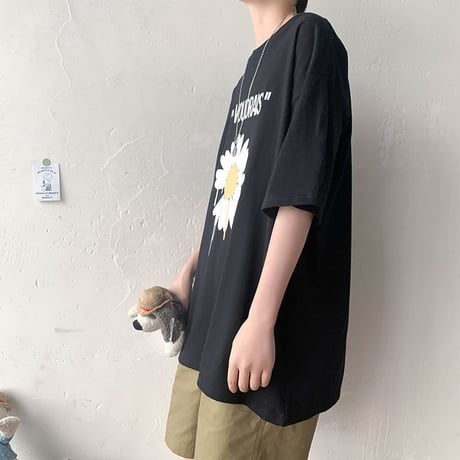 Tシャツ 半袖 メンズ レディース ユニセックス ラウンドネック 英字 フラワー デイジー プリント オーバーサイズ 大きいサイズ ルーズ ストリート TBN-612389429637