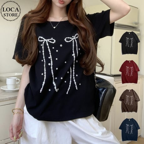 リボンプリント Tシャツ オーバーサイズ トップス ルーズ ゆったり 半袖 レトロ  大人可愛い ガーリー カジュアル フェミニン DTCA-780996917013