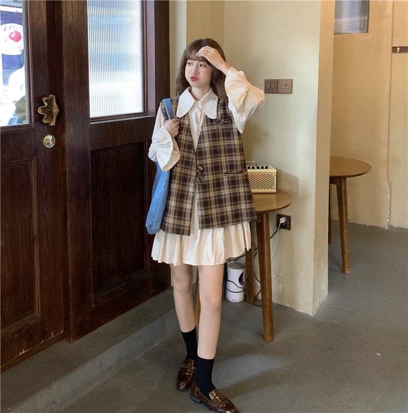 セットアップ チェック柄 無地 ベストジャケット ＋ ワンピース 韓国 