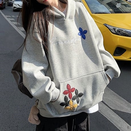 パーカー プルオーバー 裏起毛 オーバーサイズ フラワーパッチ フード付き スウェット トップス ルーズ 長袖 レトロ 大人可愛い ガーリー カジュアル DTC-848571883394