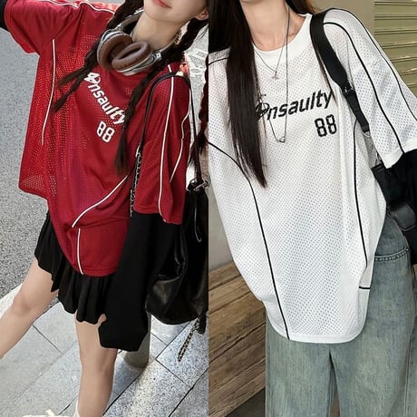 フェイクレイヤード Tシャツ 重ね着 ナンバー ロンT オーバーサイズ トップス 長袖 レトロ 韓国ファッション レディース 大人可愛い ガーリー スポーツミックス DTC-818770841972