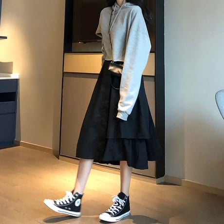 スカート 不規則 イレギュラー Aライン 韓国ファッション レディース 無地 すね丈 ハイウエスト ガーリー フェミニン レトロ DTC-603415311658