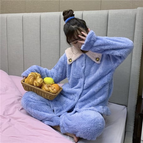 ルームウェア パジャマ セットアップ トップス + パンツ もこもこ 上下セット 長袖 厚手 韓国ファッション レディース フリース ガーリー レトロ 629614343345