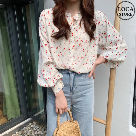 小花柄 ブラウス 長袖 立襟 韓国ファッション レディース シャツ 薄手 大人可愛い ガーリー レトロ 春コーデ DTC-625759816311