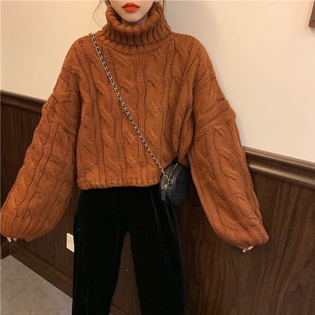 タートルネック ニット ケーブル編み プルオーバー ハイネック トップス セーター ルーズ 長袖 秋 冬 レトロ 大人可愛い ガーリー カジュアル DTCA-854780048696