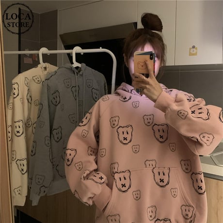 パーカー クマちゃん プラスベルベット プルオーバー 韓国ファッション レディース ルーズ ゆったり カジュアル ストリート系 DTC-632243442587