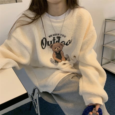 ボアトレーナー クマ ベア もこもこ トレーナー ボア オーバーサイズ 長袖 レトロ 韓国ファッション レディース 大人可愛い ガーリー カジュアル DTC-661335539781
