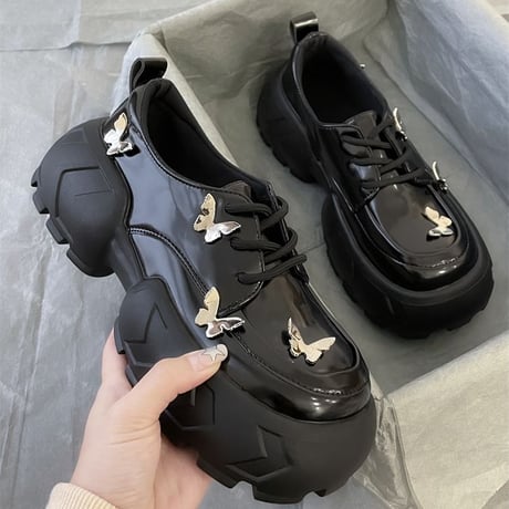 厚底 シューズ 22.5～25.0cm バタフライ レースアップ PU カジュアル 靴 かわいい おしゃれ フェミニン 韓国ファッション レディース DTC-696088716051