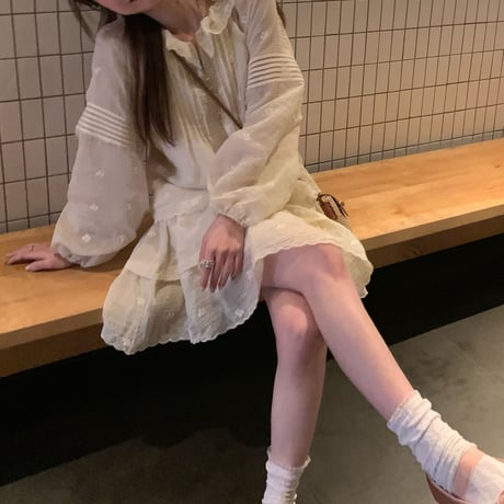 フェイクレイヤード ワンピース レース フリル ミニワンピース ゆったりウエスト Aライン 長袖 レトロ 韓国ファッション レディース 大人可愛い ガーリー DTC-769341141605