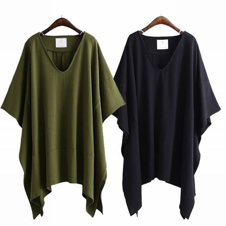 レディース 深Vネックヘムチュニック サイドスリット アシンメトリー トップス チュニック Tシャツ 大きいサイズ 体型カバー (DCT-589010553510)
