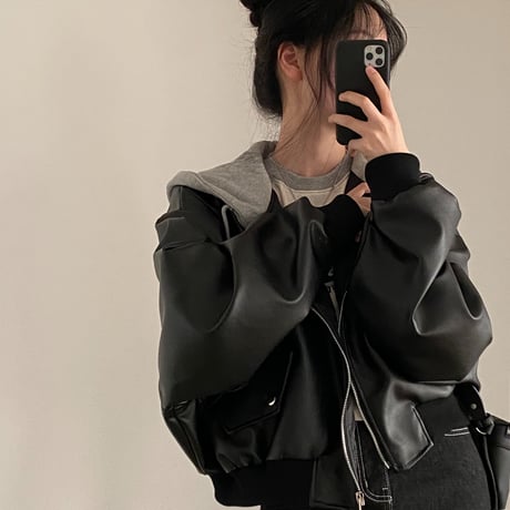 PU フード付き レザーブルゾン フェイクレザー ジップアップ アウター ブルゾン ジャンパー PUレザー オーバーサイズ ゆったり レトロ カジュアル DTCA-848636566389