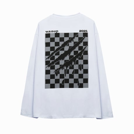 ユニセックス Tシャツ 長袖 モノトーンフラッグ柄 爪痕 オーバーサイズ 韓国ファッション メンズ レディース ロンT カジュアル ストリートファッション DTC-651649556386