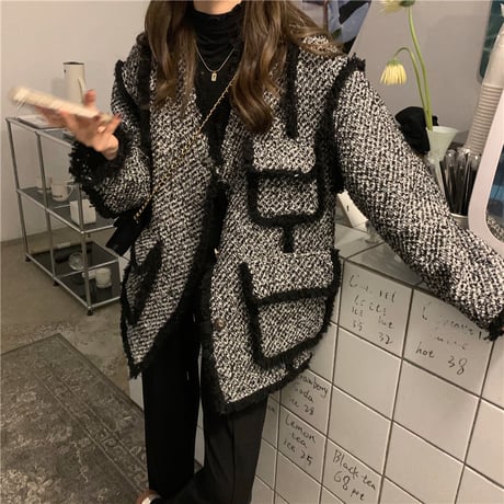 千鳥柄 ボア ツイードジャケット ノーカラージャケット Vネック チェック柄 アウター レトロ 韓国ファッション レディース  大人可愛い ガーリー DTC-657631763128
