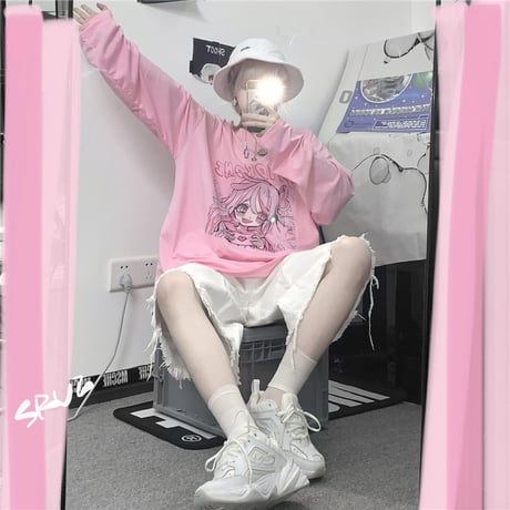 Tシャツ 長袖 女の子プリント オーバーサイズ 大きめ ロンT カジュアル 病み可愛い 病みかわ 地雷系 韓国ストリートファッション 韓国ファッション レディース DTC-636364376342