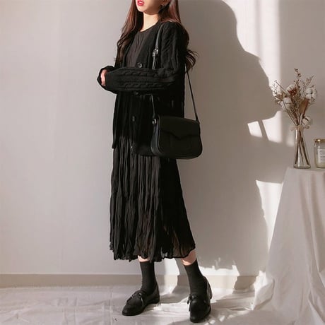 レディース ワンピース しわ加工 フレア ロング丈 レイヤード 重ね着風 フェミニン 韓国ファッション オルチャン (DCT-583465390564)