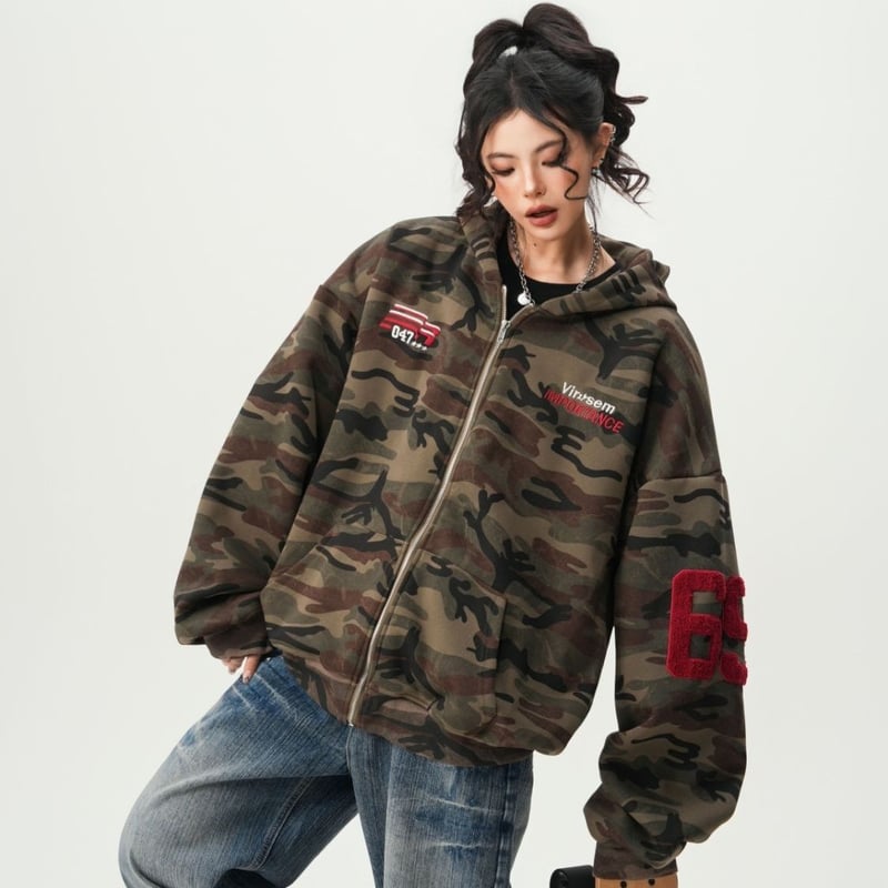 迷彩柄 ジップアップ パーカー トップス カモフラ柄 フード付き