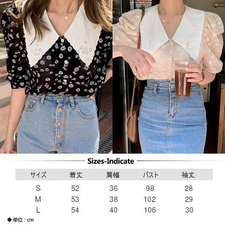 花柄 ブラウス 大きい襟 透け感 韓国ファッション レディース フラワー トップス ゆったり パフ袖 大人可愛い ガーリー フェミニン DTC-619277195475
