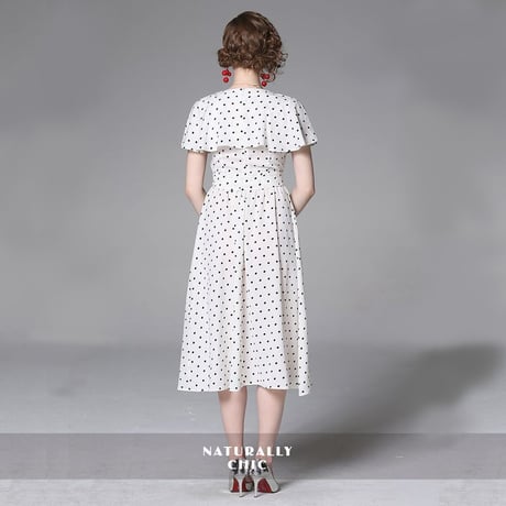 レディース ドット柄 フレアワンピース Vネック ロング丈 リボン フェミニン 韓国ファッション オルチャン (DCT-592939994128)