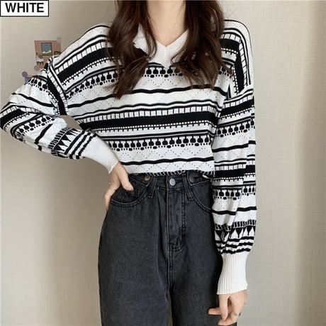 ニットセーター ジャカード Vネック ショート丈 長袖 ルーズ レトロ 韓国ファッション レディース 大人可愛い ガーリー DTC-658384210039