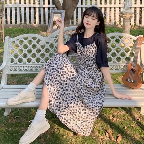 花柄 フェイクレイヤード ワンピース 半袖 Aライン ベルフラワースカート ハイウエスト 韓国ファッション レディース 大人可愛い ガーリー DTC-641546687131