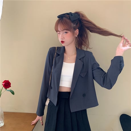 ショート丈 テーラードジャケット ダブルブレスト 韓国ファッション レディース ショートジャケット 長袖 ゆったり 大人可愛い ガーリー DTC-623056809506